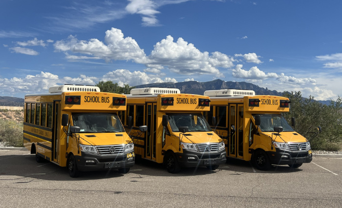 Three GreenPower Nano BEAST school buses staged in Rio Rancho, New Mexico